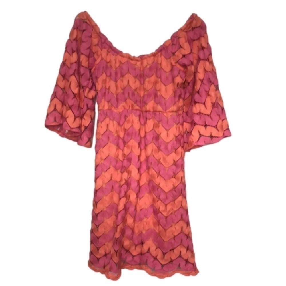 JUDITH March Orange Pink Chevron lace Dress medium